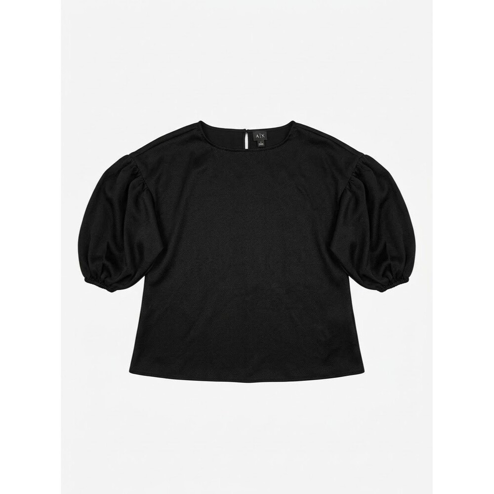 Worthington Womens Black Puff Short Sleeve Blouse Textured Keyhole Top Size L